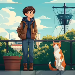 man and orange and white cat sit on a park bench