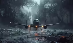 a large plane flies down a forest path