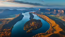 an aerial view of a river surrounded by mountains