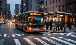 a bus is coming down the street at night