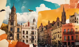 a series of photos shows old buildings and the sky