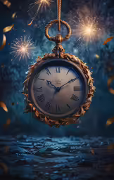 clock with fireworks in the dark sky and water