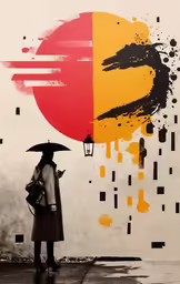 a woman holding an umbrella standing in front of a painting with colorful stains