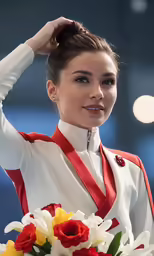 woman in uniform with bouquet of flowers standing on stage