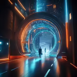 two people walk through a glowing tunnel