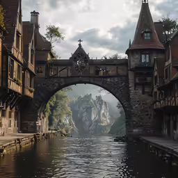 an arch in an old stone bridge, leading to a castle like building