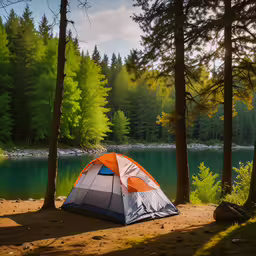 there is a tent that is near some trees,the tent is pitched up in the forest next to a lake