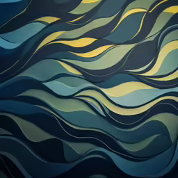 the painting depicts flowing waves with gold and blue colors