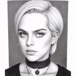 black and white photograph of a woman wearing choker necklaces