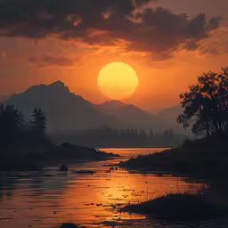 the sun setting over the mountains on the water