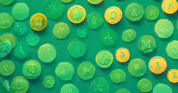 green and yellow colored token tokens spread across two rows,a close up of green buttons and coins