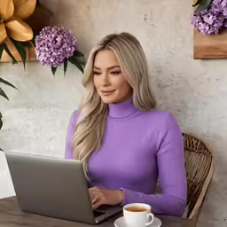 a woman smiling while typing on her laptop