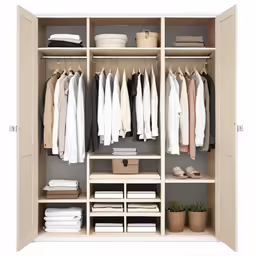 the organized closet is neatly packed with clothing and shoes