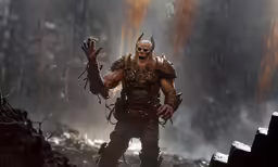 a man with horns and horns holding two chains