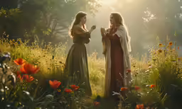 two women in long dresses are standing by some trees