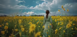 woman in floral green dress standing among the yellow flowers