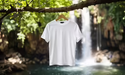 a t - shirt hanging from a tree over a creek