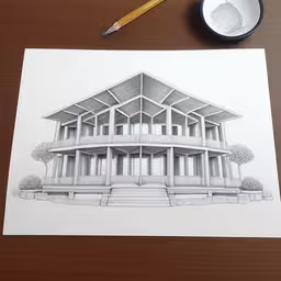 a drawing of the house that person wrote,a drawing on paper next to a paintbrush and pen