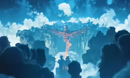 a scene with lots of people looking at a giant eagle in the air