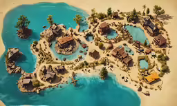 a small island with a few buildings and trees