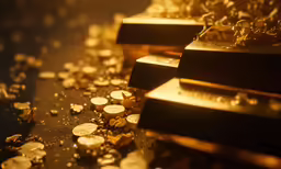 a close up view of many gold coins