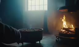 a fire with its cooking pot on fire with an open flame
