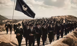 the military men stand together to march towards the camera