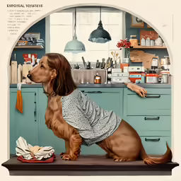 a large dog standing in front of a kitchen window