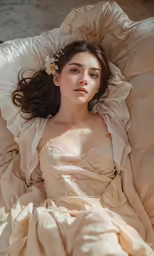 a young woman with brown hair is laying in bed