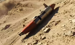 an old red and blue airplane in a sandy area