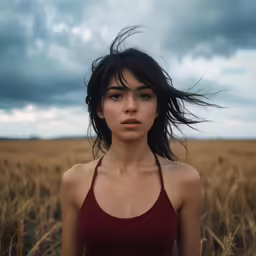 a woman wearing a burgundy tank top is in a brown field with dark clouds