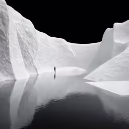 a man standing in the middle of a mountain lake