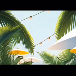 there are white and yellow umbrellas in the sky