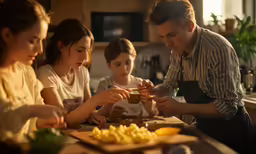 a man with glasses in a kitchen with other people