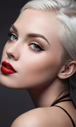 a woman with blond hair wearing black dress and red lipstick