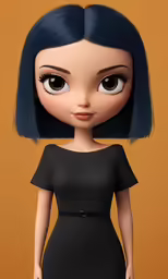 a female doll with a black dress and long blue hair