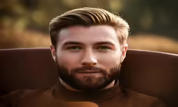 a bearded man in an orange suit has his face turned up and looks forward