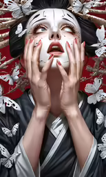a woman with her face painted like a geisha