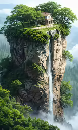 house on a cliff with a waterfall and trees on it