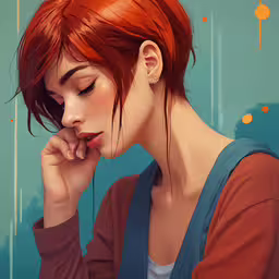 a girl with red hair and a blue shirt,a close up of a person talking on a cell phone
