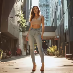 a woman standing on the street, in high rise fashion