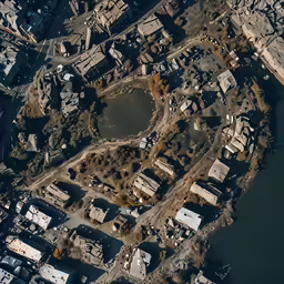 an overhead view of several residential buildings and a body of water