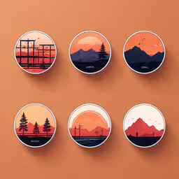 six plates with trees, mountains and sunset on them,six plates showing an orange sunset