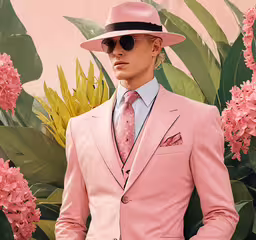 a man wearing a pink suit and hat,a man wearing a pink suit and a pink hat
