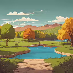 a small stream running through a green field under a cloudy sky,a painting of some sort of stream near the hills