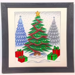 a colorful christmas tree has a small box underneath it,a painting of a christmas tree in the snow with presents on it,hand made christmas card featuring a tree and presents,a painting that is on the wall in a frame,there is a colorful picture with christmas trees in the background