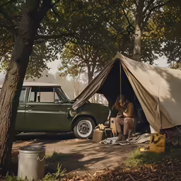 an old car parked on the side of the road next to a couple sitting under a tent