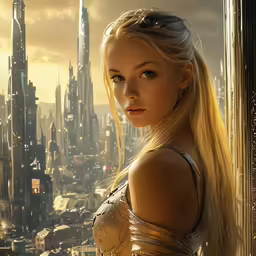 a woman standing in front of a window with a city background