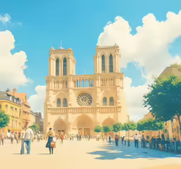 a bunch of people on a sunny day at a large building