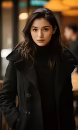 a beautiful young woman in a black coat